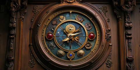 Obraz premium A mystical clock with celestial symbols, representing the connection between time and the universe's magic