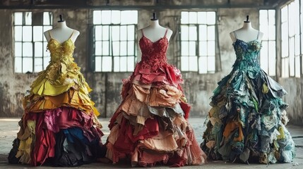 Naklejka premium Designers creating upcycled fashion pieces from recycled materials, giving old clothes new life. Illustrations
