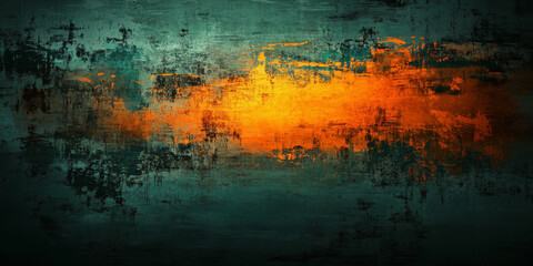 Textured dark teal abstract background with a warm orange glow, distressed with grunge patterns and layers for a vintage, artistic feel