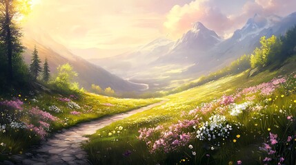 A Winding Path Through a Mountain Meadow at Sunset