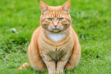 Obraz premium Fluffy Red Cat with Yellow Eyes in the Green Grass