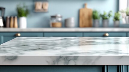 Empty marble countertop in modern kitchen with blue cabinets and blurred background.