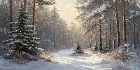 Soft snowfall in a wooded area with pine trees dusted in snow, creating a quiet Christmas morning feel