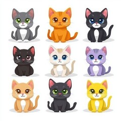Fototapeta premium Flat style illustrations of cats of different breeds on a white background.