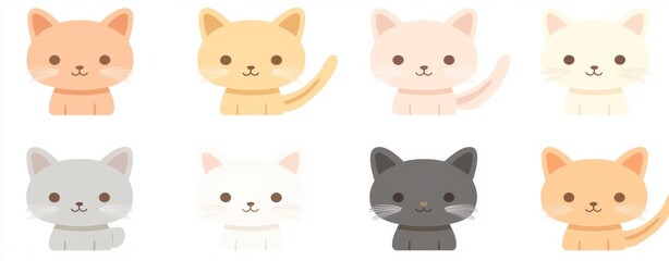 Set of cute funny pets or domestic animals with colorful coats isolated on white background. Flat cartoon modern illustration of a bunch of adorable cats.
