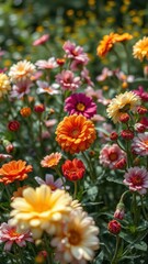 A vibrant flower garden boasts a variety of colorful blooms on a sunny day