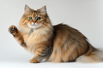 Obraz premium The charming curious cat Scottish Straight stands with raised paws on a white background in this portrait