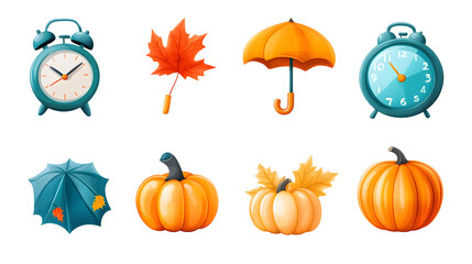 Autumn funny icons set isolated on transparent white background, png element. Colorful clipart Alarm clock with fall leaves, umbrella, weather icons and pumpkin with mushroom in glossy plastic style