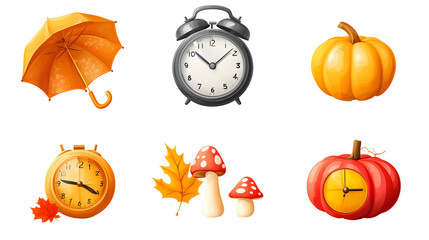 Autumn funny icons set isolated on transparent white background, png element. Colorful clipart Alarm clock with fall leaves, umbrella, weather icons and pumpkin with mushroom in glossy plastic style
