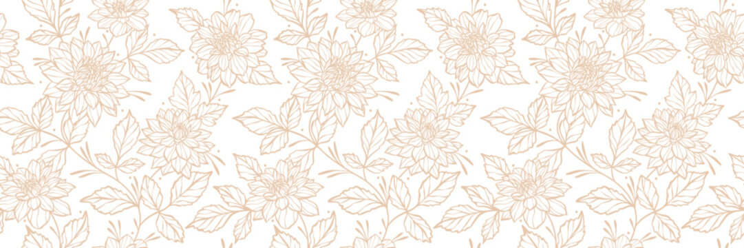 Dahlia vector banner, seamless repeating floral pattern, elegant flower illustration background, wide horizontal cover design