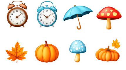 Autumn funny icons set isolated on transparent white background, png element. Colorful clipart Alarm clock with fall leaves, umbrella, weather icons and pumpkin with mushroom in glossy plastic style