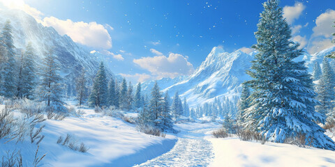 A winter wonderland with snow-covered mountains and a bright blue sky, ideal for holiday adventures
