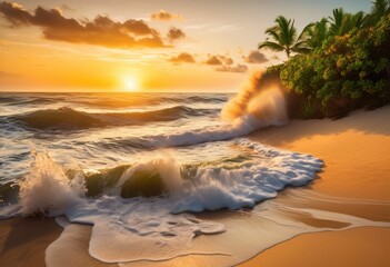 stunning sunrise over vibrant seaside landscape lush waves glowing horizon, beach, dawn, daybreak, daylight, ocean, reflection, scenery, seascape, shore