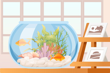 Round fish bowl with aquatic plants and fish, placed beside a decorative stand, representing home decor and relaxation. Suitable for lifestyle, pet care, and nature themes. Vector illustration