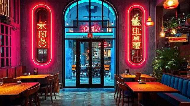 Modern Asian Restaurant Interior with Red Neon Signs and Lanterns