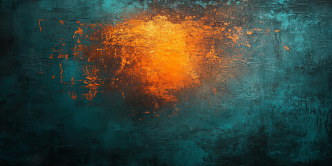 Textured dark teal abstract background with a warm orange glow, distressed with grunge patterns and layers for a vintage, artistic feel