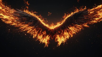A burning wings against a pure black background. 