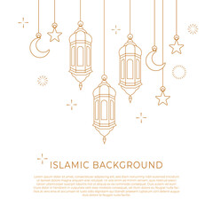 Hand drawn islamic lantern line art illustration. muslim ornament hanging lantern element. for islamic greeting card or poster design decoration