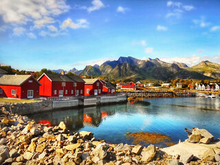Norway Nordland islands. Fishing village, mountains and arctic fjord 