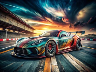 Racing Car Wrap Design with Grunge Motif for Vehicle Vinyl Stickers - Panoramic Photography of Dynamic Vehicle Livery
