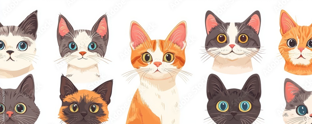 Poster poster with cartoon cat characters. modern seamless pattern with different poses and emotions. a fla