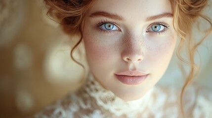 Fototapeta premium Elegant close-up of a woman in a Victorian dress, her expressive eyes and gentle smile glowing under warm natural light. Background subtly featuring blurred antique decor, hd quality, soft focus,