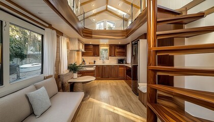 Obraz premium Rustic Tiny Home With Wooden Loft, Natural Light, Modern Interior Design, Couches And Kitchen