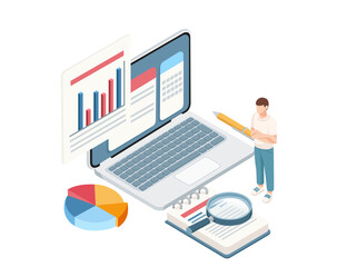 Isometric style office setup with a laptop, pie chart, notebook, and a person holding a pencil, representing productivity, data analysis, and teamwork. Suitable for business. Vector illustration