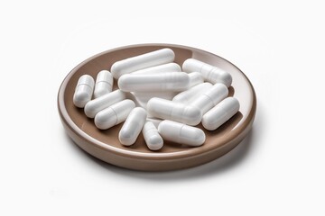 White gel medical capsules, group of vitamin supplement pills or drugs for treatment, isolated on white background, medicine and healthcare concept, top view