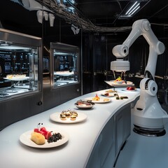 Tilted angle view of a culinary laboratory, robotic arms plating exquisite food, glowing digital interfaces all around