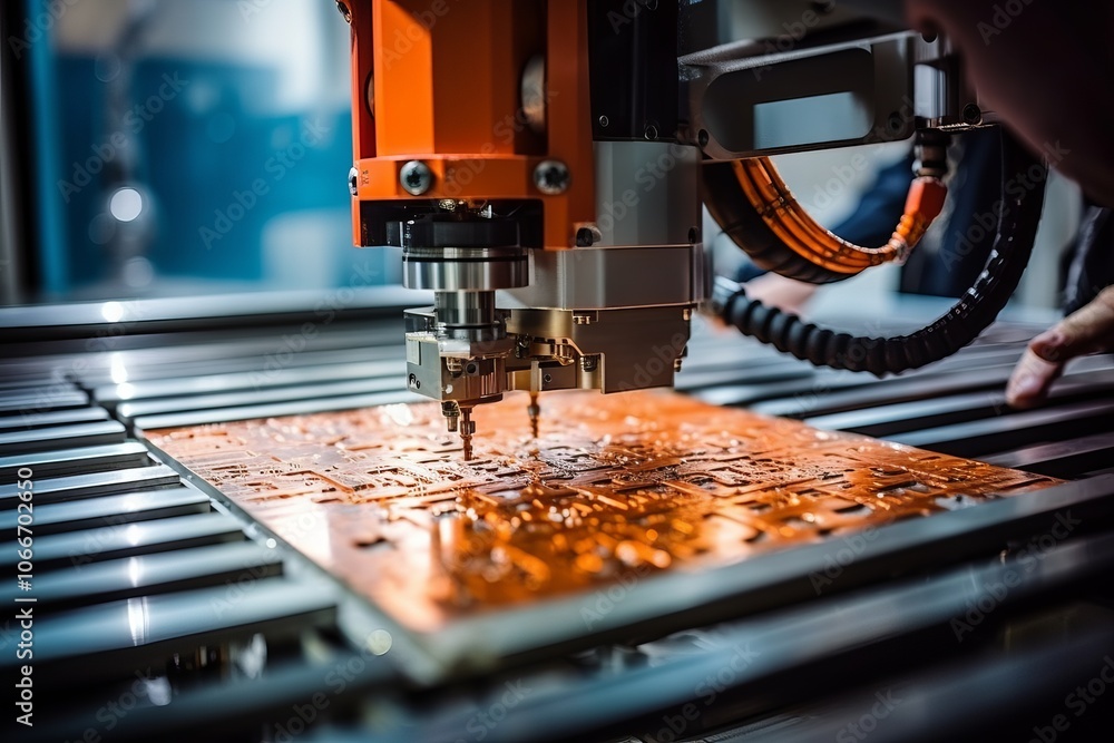Poster high-tech cnc machine carving intricate patterns into a metal surface in a modern workshop