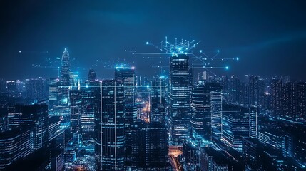 Obraz premium Nighttime Aerial View of a Cityscape with Digital Network Connections