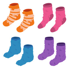 Fuzzy socks vector cartoon set isolated on a white background.