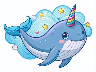 Fototapeta premium Whimsical flying unicorn whale, flat, product shot.