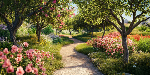 A scenic outdoor running trail lined with trees and flowers, encouraging a healthy lifestyle and fitness journey