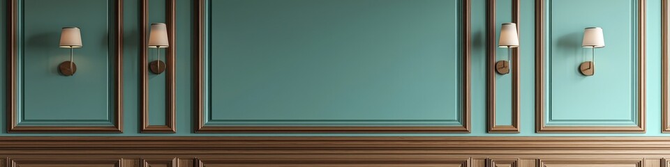Wooden moldings and minimalist sconces frame the muted teal wall in this classic 3D interior.