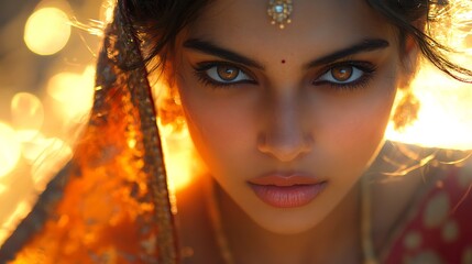 Portrait of a woman in a detailed sari, her face illuminated by warm sunlight, eyes reflecting peace as she looks directly at the camera. Background softly featuring blurred cultural elements,