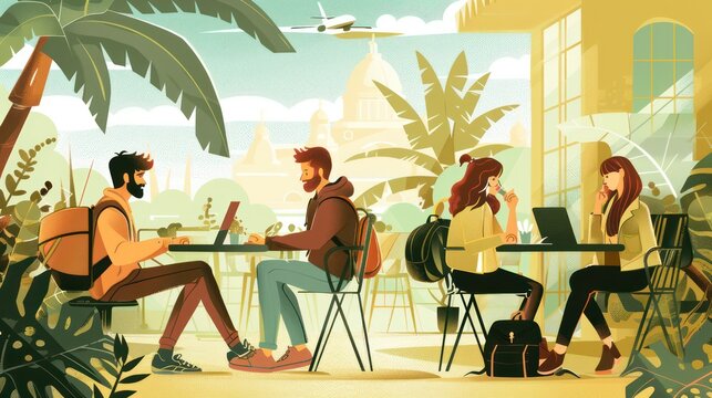 Digital nomads traveling the world while working remotely from various destinations. Illustrations