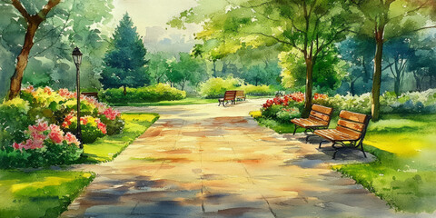 Hand painted watercolor of a scenic pathway in a green park with benches and flowers