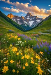 Fototapeta premium majestic mountain peaks surrounded colorful wildflower fields under clear blue showcasing breathtaking beauty, ecology, flora, floral, foothill, garden