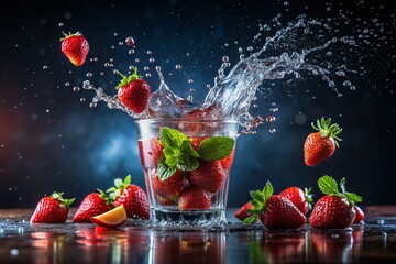 Refreshing Strawberry Infusion Water Silhouette Photography, Fruit Splash, Natural Refreshment, Healthy Lifestyle, Summer Drinks, Refreshing Beverage, Vibrant Colors, Creative Photography