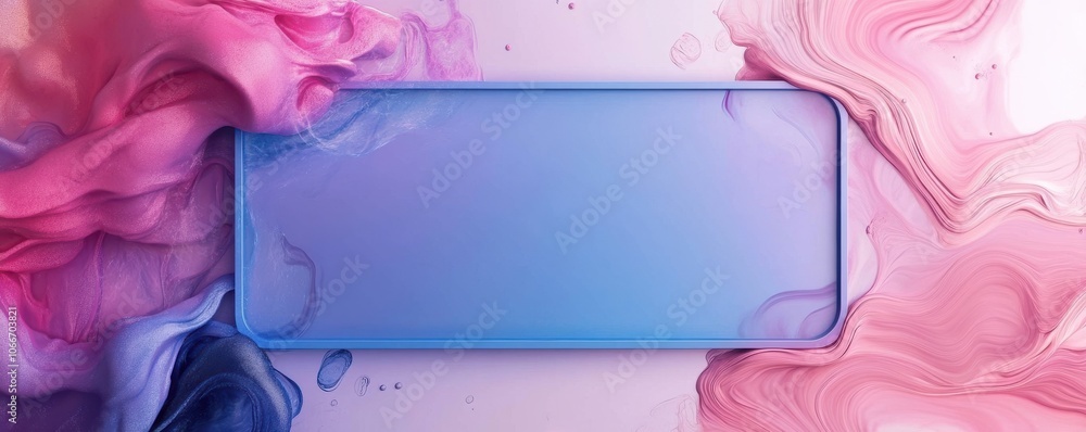 Poster abstract illustration featuring a blue rectangular label with rounded corners on a vibrant modern pa