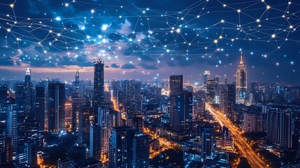 Nighttime Cityscape with Illuminated Network of Lines