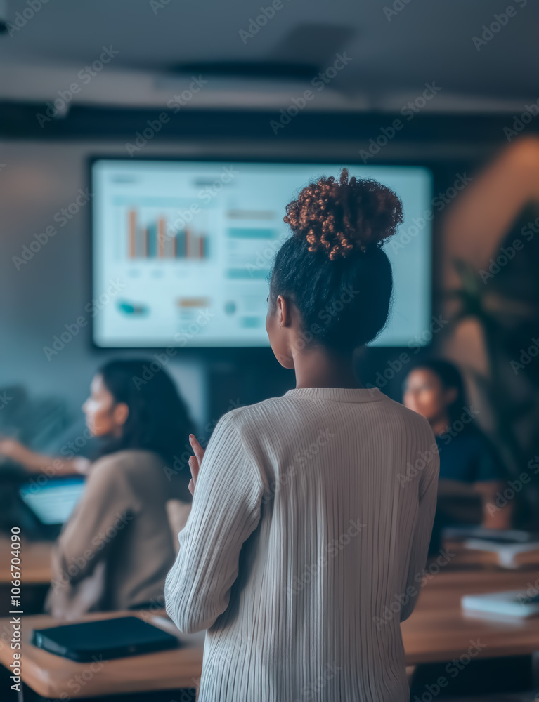 Poster a professional setting where a woman leads a discussion, gesturing towards a screen displaying data 