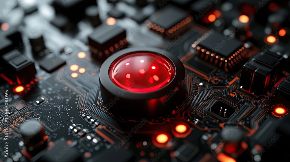 Poster red glowing sensor on a circuit board.