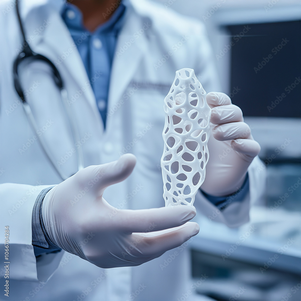 Poster scientist in lab coat displaying a 3d-printed medical model with precise detailing, demonstrating ad