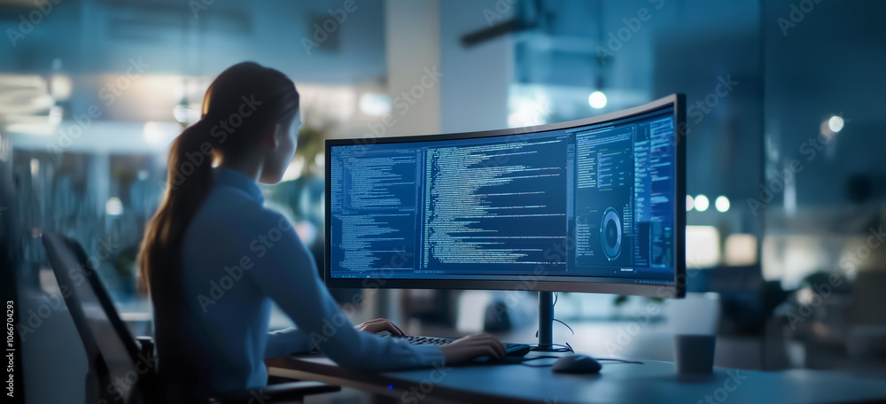 Poster focused female software engineer working late at night, intensely analyzing code on a large, curved 