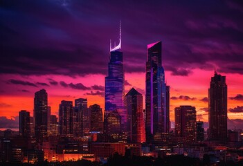 Fototapeta premium captivating city skyline silhouettes dusk featuring vivid colors unique cloud patterns darkening sky, clouds, buildings, architecture, urban, night