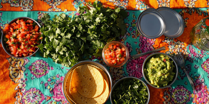 A colorful taco spread with various toppings like salsa, guacamole, and fresh cilantro on a vibrant tablecloth