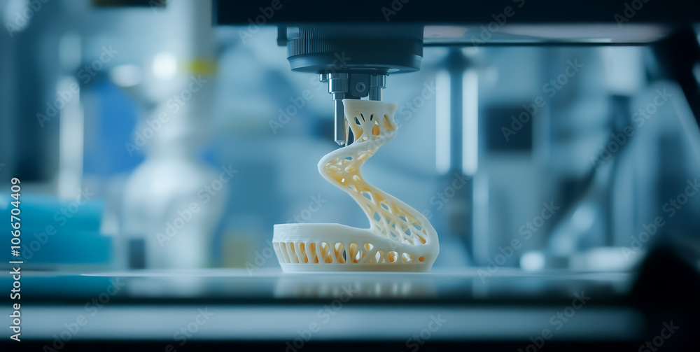 Poster intricate 3d printed object being formed in a futuristic lab setting, with high precision and detail